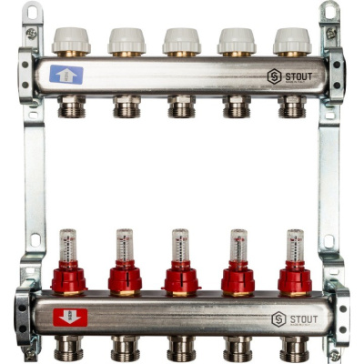STOUT Коллекторная группа нерж. со встроенным расходомерами в сборе 1"х 5 вых.x 3/4" SMS 0917 000005