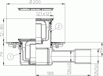 HL510N-3000 DN 50/40 Трап с подрамником из нержавеющей стали   решетка 115х115