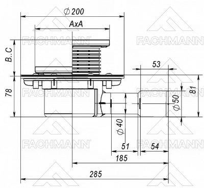 Трап регулируемый T 510.0 PHsB 145x145 горизонтальный выпуск DN40/50 с "мокрым" сифоном, решетка чугунная, пластиковый подрамник FACHMANN 04.069