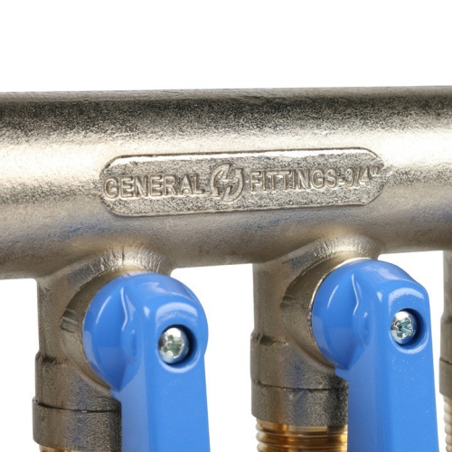 Коллектор на 4 выхода 3/4" х 1/2" запорный STOUT никель (синие ручки) SMB 6201 341204