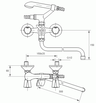 604 КОМЕТА  CER  Смеситель для ванны-умыв. излив 300 мм. с держат. с керамческой кран-буксой MOFEM