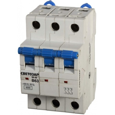 Автоматический выключатель СВЕТОЗАР, 3 полюсный, 6А, 400 В,10 Ка,тип расцепления "С"