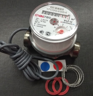 Водосчетчик универсальный Valtec с импульсным выходом, БЕЗ СГОНОВ, до +90^С, 1,5м3, 1/2", 80 мм