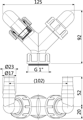 Колено с двумя штуцерами G1"/17-23 P148Z ALCAPLAST с обратными клапанами 