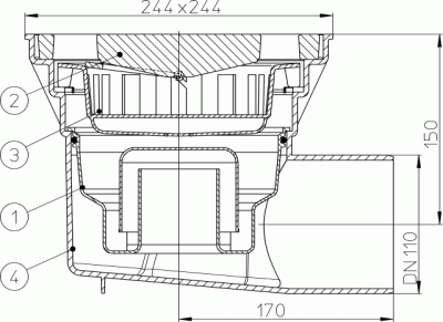 HL605W DN 110 решетка чугун 226х226мм Трапы серии PERFEKT, Гидрозатвор