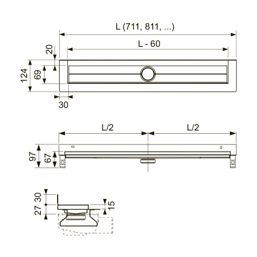 Душевой канал 1200 мм, TECEdrainline, прямой для пристенного монтажа с лентой Seal System 601201