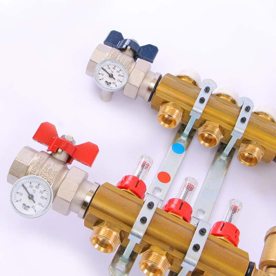 Коллекторная группа 2 выходов1'-3/4'х18 с расходомерами (цвет Латунь). TIEMME 