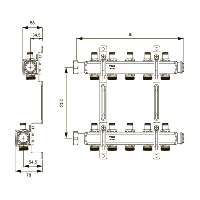 Коллектор из нержавеющей стали 5к x 3/4", подающая и обратная линии 1", с запорными вентилями TECE