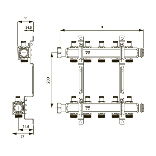 Коллектор из нержавеющей стали 7к x 3/4", подающая и обратная линии 1", с запорными вентилями TECE