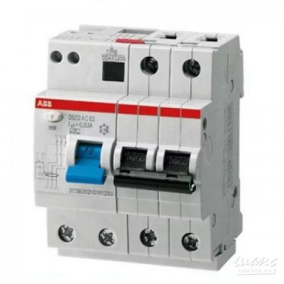 Дифференциальный автомат ABB DS202 ,тип AС,2P+N,4 мод.63A,30mA,тип расцепления C,6Ка