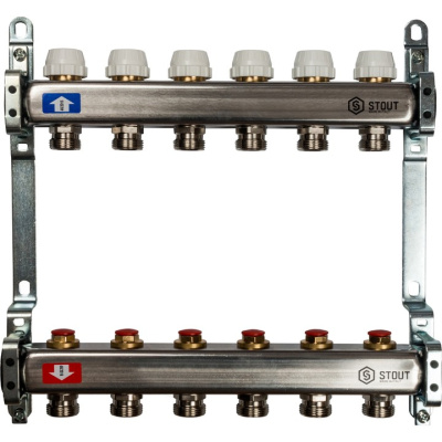 STOUT Коллекторная группа нерж. с запорными клапанами 1"х 6 вых.x 3/4" SMS 0922 000006