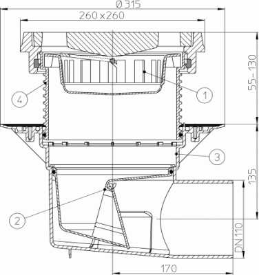 HL615.1DN110 решетка чугун 226х226мм Трап PERFEKT, Надставной элемент с подрам, Клапан против запаха