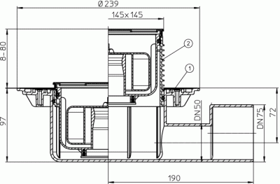 HL5100Pr DN 50/75 Трап серии 60 Pius с горизонтальным выпуском, с высокой пропускной способностью  
