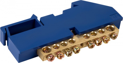 Шина нулевая 6 x 9 мм ,8 отверстий , с изолятором на DIN-рейку (ШНИ-6х9-8-Д-С/Ж)