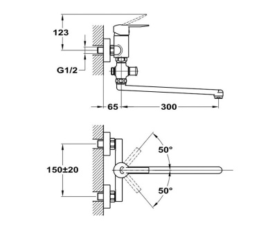 603 MODE  Смеситель для ванны-умыв. с плоским изливом 300мм с настенным держ.  MOFEM 