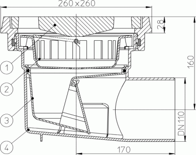 HL605.1 DN 110 решетка чугун 260х260мм Трапы серии PERFEKT, Клапан против запаха