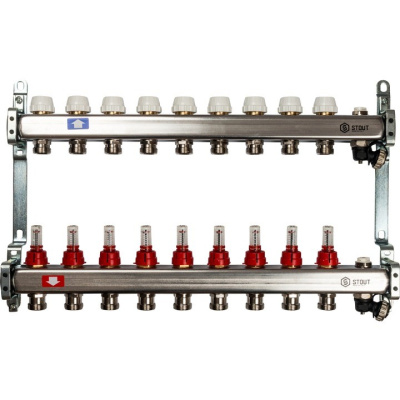 Коллекторный блок STOUT с расходомерами 1"х 9 вых x 3/4" SMS-0927-000009 нержавеющая сталь