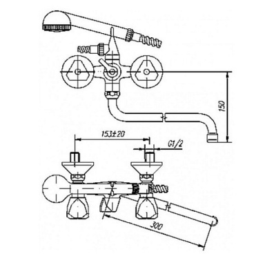 607 TREFF  Смеситель для ванны-умыв.с плоск. изл. 330 мм. с держ. с классической кран-буксой MOFEM