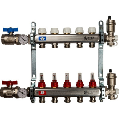 Комплект коллекторный блок с расходомерами STOUT 1"х 5 вых x 3/4" SMS 0907 000005 нерж. сталь