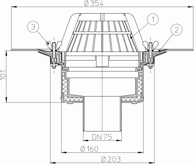 HL62/7 DN75 Воронка с листвоуловителями с теплоизоляцией, с фланцем из нержав; с верт. выпуск