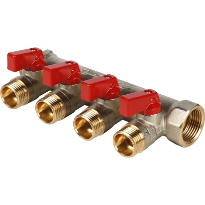 Коллектор на 4 выхода 3/4" х 1/2" запорный STOUT никель (красные ручки) SMB 6200 341204