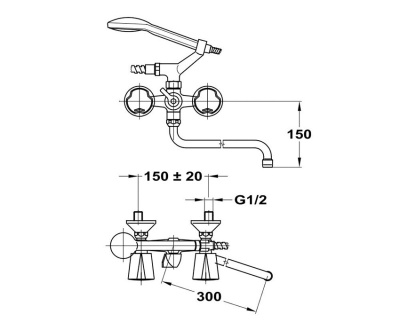 604 NOVA  Смеситель для ванны-умыв. излив 300 мм. с держат. с классической кран-буксой MOFEM