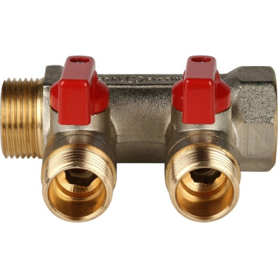 Коллектор на 2 выхода 3/4" х 1/2" запорный STOUT никель (красные ручки) SMB 6200 341202