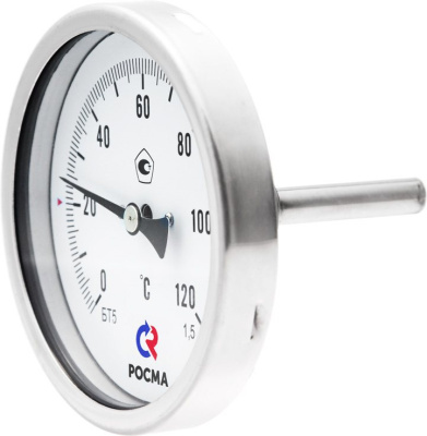 Термометр биметаллический, нерж. БT-51.220(0-250С) Dy100 G 1/2.64.1,5 шток осевой 64х10мм