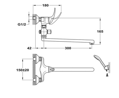 603 JUN  Смеситель для ванны-умыв. с плоским изливом 300мм с настенным держ.  MOFEM 