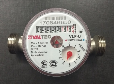 Водосчетчик Valtec унив., квартирный, БЕЗ СГОНОВ до +90^С, 1,5м3, 1/2", 110 мм  (NEW)  