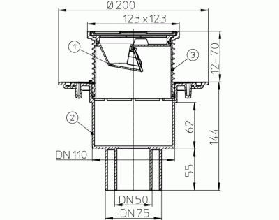 HL310N.2Трап для балконов и террас, с высокой пропускной способностью, DN50/75/110 решетка115х115мм
