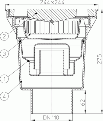 HL606W/1 DN 110 решетка чугун 226х226мм Трапы серии PERFEKT, Гидрозатвор