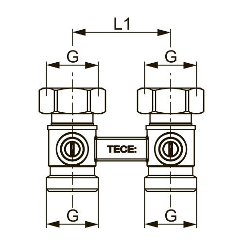 Запорно-присоединительный узел для нижнего подключения радиаторов, проходной 3/4" Ek x 3/4" Ek TECE