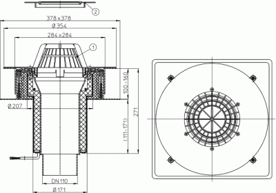 Воронка для кровель из профлисHL63.1P/1DN110 с теплоиз для ПВХ мембран с монтаж. коробом, с листвоул