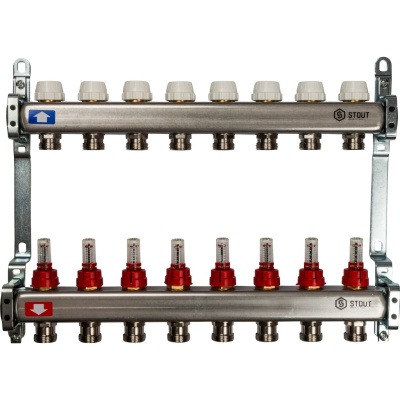 STOUT Коллекторная группа нерж. со встроенным расходомерами в сборе 1"х 8 вых.x 3/4" SMS 0917 000008