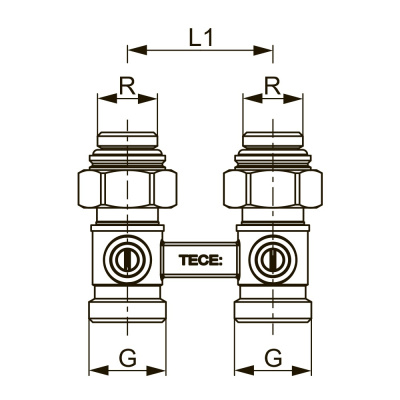 Запорно-присоединительный узел для нижнего подключения радиаторов, проходной 3/4" Ek x 1/2" AG TECE