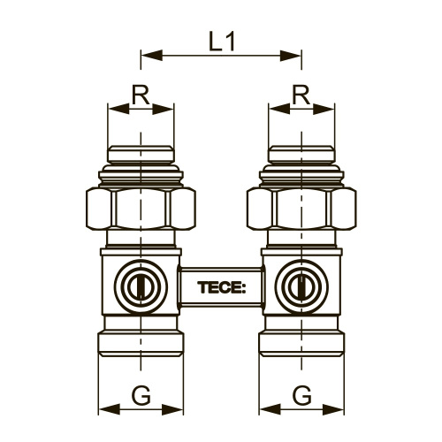 Запорно-присоединительный узел для нижнего подключения радиаторов, проходной 3/4" Ek x 1/2" AG TECE
