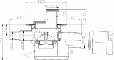 HL 70 DN 75/110 Трап с обратным клапаном и 3-мя доп. входами. Решетка 115х115мм нержавейка