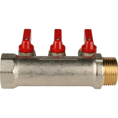 Коллектор на 3 выхода 1" х 1/2" запорный STOUT никель (красные ручки) SMB 6200 011203