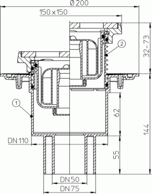 HL 310NprG DN 50/75/110 Трап с СУХИМ сифоном Primus; видимые части 137х137 чугун