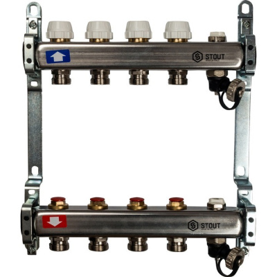 Коллекторный блок STOUT с отсечным клапаном 1"х 4 вых x 3/4" SMS-0932-000004 нержавеющая сталь