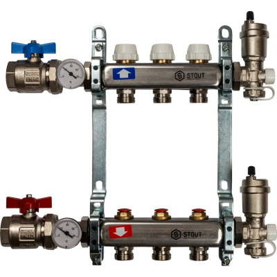 Комплект коллекторный блок с запорными клапанами STOUT 1"х3 вых x 3/4" SMS 0912 000003 нерж.сталь