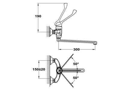 301 JUN EVO MED Смеситель для мойки, настенный, медицинский с поворотным  изливом 200 мм. MOFEM