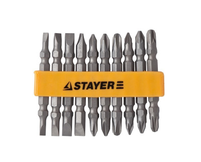Набор длинных двухсторонних бит для шуруповерта STAYER (10 бит 65 мм) ,Cr-V , в держателе