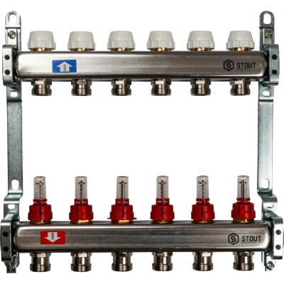 STOUT Коллекторная группа нерж. со встроенным расходомерами в сборе 1"х 6 вых.x 3/4" SMS 0917 000006