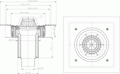 Кровельная воронкаHL63H/2 DN125 , из профлиста, с битумн. полотном с монтажным коробом, с листвоул