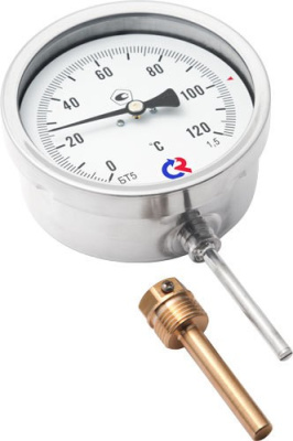 Термометр биметаллический БT-52.211 , Dy 100 , с нижним подключ. (0 - 120С) , G 1/2 1,5 (Радиальный)