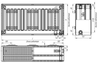 Радиатор "Лидея" компакт ЛК ТИП 30 Высота 300 мм Длина2800 мм 3612 Вт  Боковое подключение ЛК 30-328