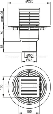 Трап 105х105/50/75 мм прямой сток, решетка из нержавеющей стали, гидрозатвор мокрый APV203 Alcaplast