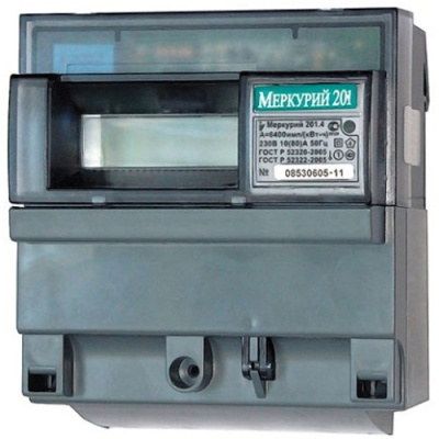 Электрический счётчик Меркурий 201.6 однофазный , однотарифный , 10-80А, 230V,ОУ ,DIN